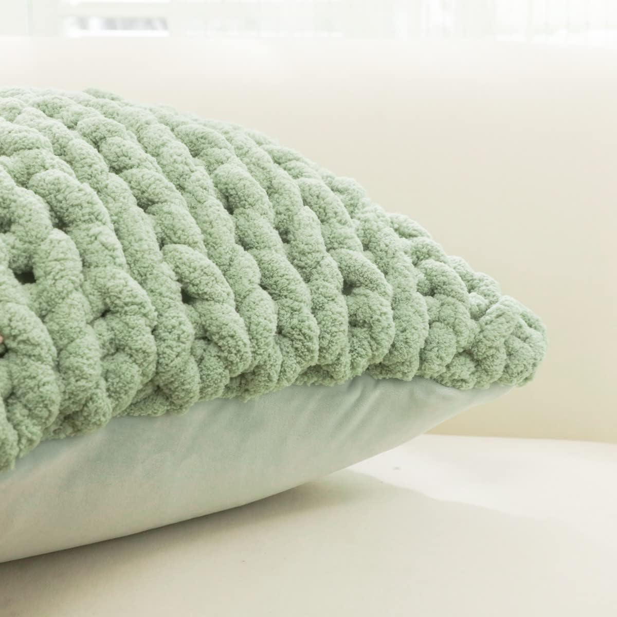 Sage Green Chunky Knit Throw Pillow Covers 18"×18" (1PC) Decorative Handmade Pillow Cover for Couch Livingroom Bedroom Square Luxury Style Crochet Pillow Case Fur Pillowcases