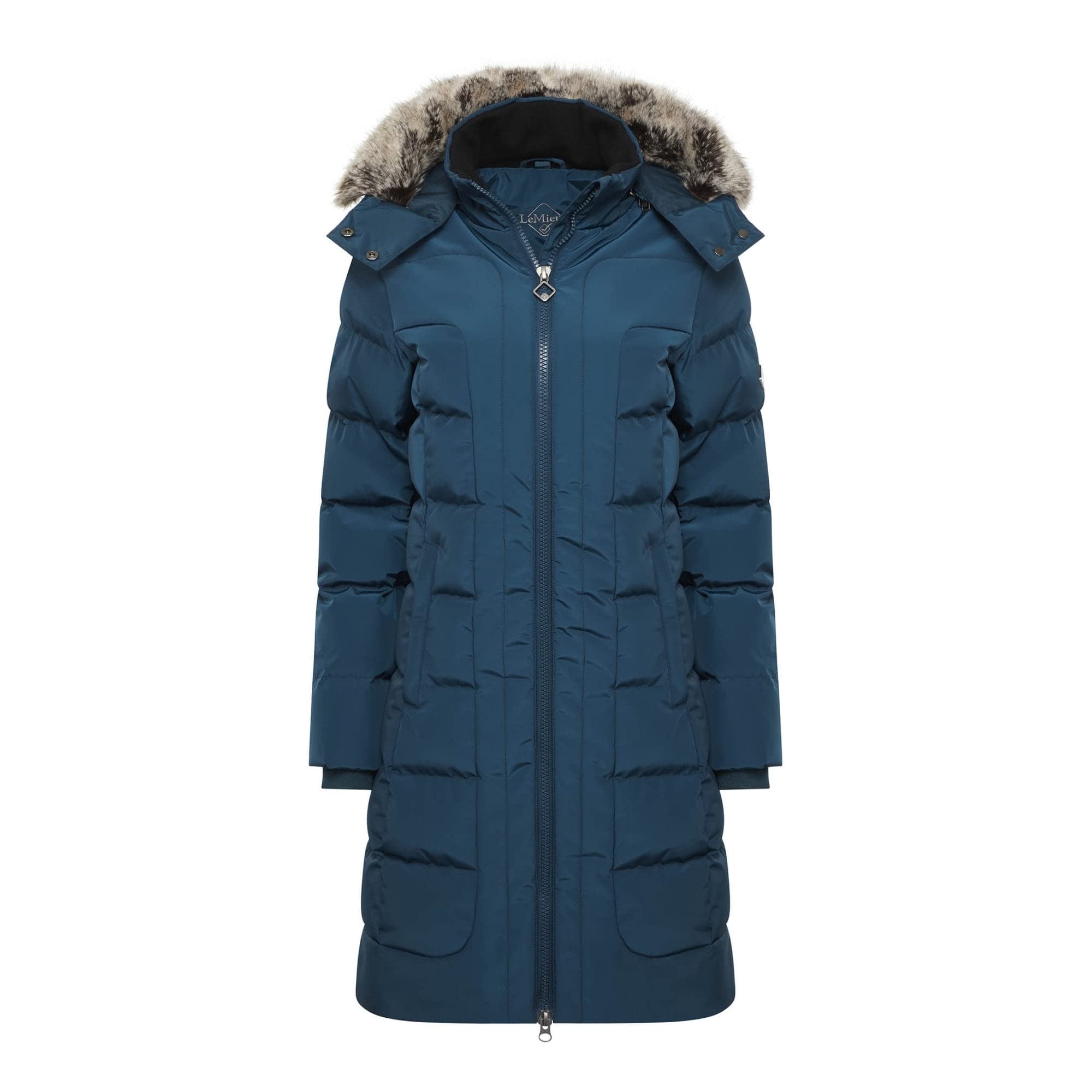 LeMieux Loire - Abrigo de equitación de invierno cálido con cremallera de 2 vías, bolsillos con cremallera, abrigo de invierno con capucha extraíble y ribete desmontable para mujer, Atlantic Blue, 36