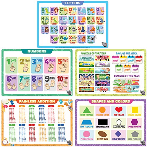 Educational Placemats - Set of 5 Learning Placemats: Letters, Numbers, Shapes, Addition & Month/Days/Seasons - Easy Clean, Durable & Reusable Kids Table Mats - 12x17 Inches