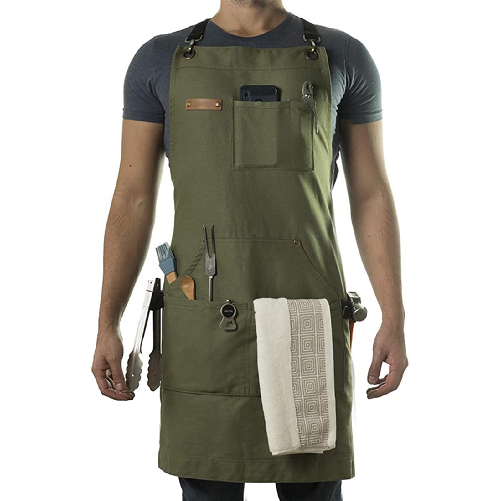 Bottone Men's Armygreen Stenffy Canvas Work Apron Functional And Stylish With Multiple Pockets, Adjustable Cross Back Straps For Bbq, Cooking Cotton Canvas Apron