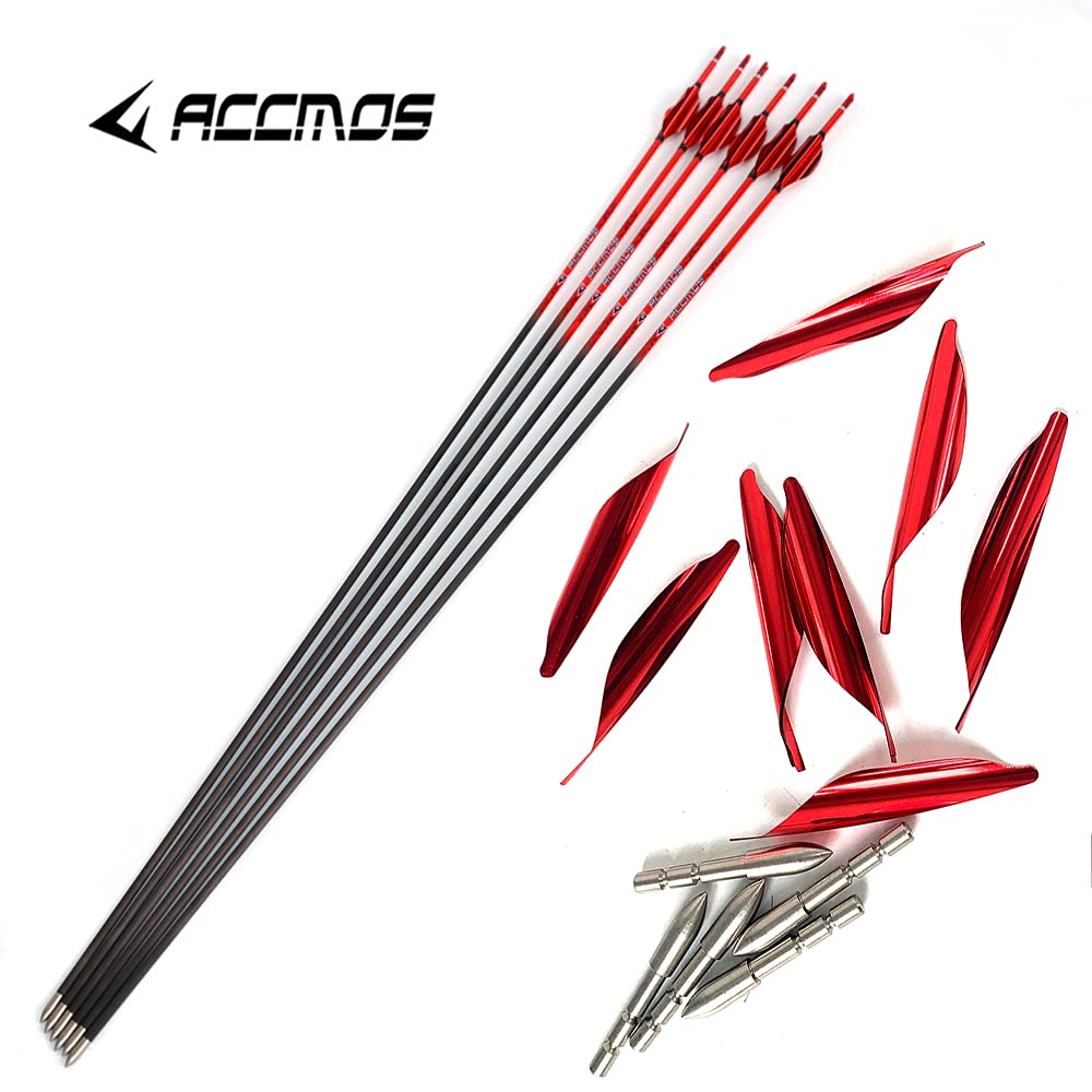ACCMOS Rossa Spirale Piuma Puro Carbonio Frecce Spine 400-1000 Freccia da Caccia Tiro con L'Arco Freccia Pratica, per Giovani Adulti Arco Compound Arco Ricurvo Tiro Targeting Freccia12 pz