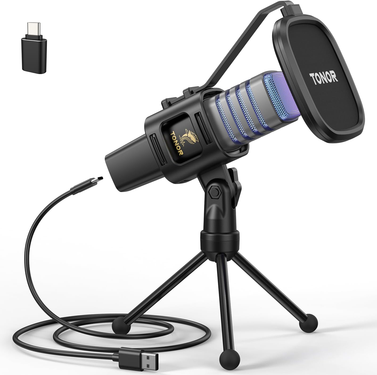 USB Condenser Microphone, Cardioid Pattern Computer Microphone for Conference, Streaming, Podcast, Gaming, Twitch, for Laptop, Desktop PC, 200 cm Cable with Adjustable RGB, 200 cm Cable TC30S