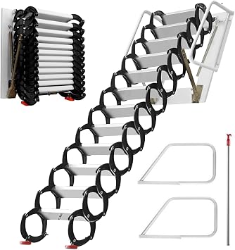 Attic Stairs Pull Down 12 Steps, 10.85 FT Retractable Alloy Attic Folding Stairs Loft Ladder Wall Mounted with Pull Rod, Attic Steps with Armrests Aluminum