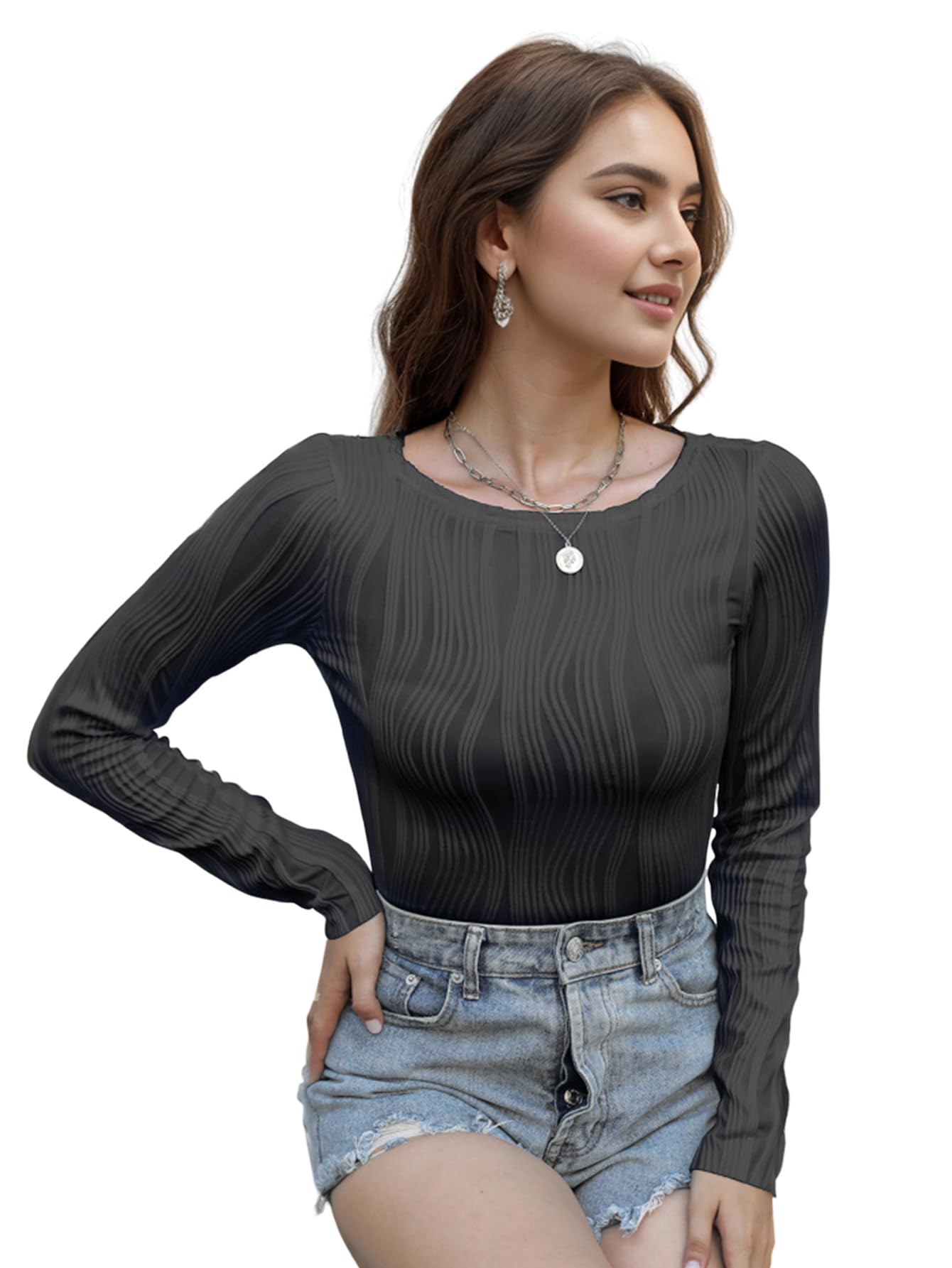 BAE MODWomen's Solid Textured Tee Shirt Mock Neck Lettuce Trim Trumpet Long Sleeve T-Shirts Y2K Cute Tops