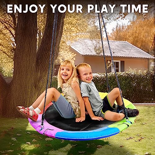 Image of TURFEE 40 inch Rainbow Saucer Tree Swing for Kids, Waterproof Swing Seat with 2 Tree Hanging Straps for Playground Backyard Outdoor Activity