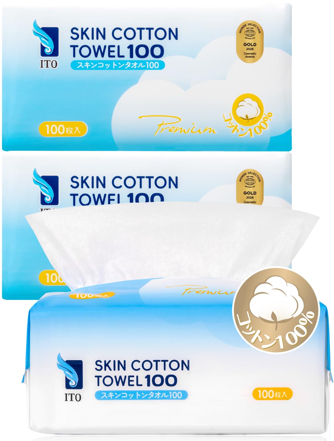 ITO Premium 100% Cotton, 100 Sheets x 3, Silk Touch Fabric, Premium Natural Cotton, Skin Care Towel, Skin Cotton, Luxurious Texture, Gentle Absorbent, Moisture Wicking, Smooth and Lustrous Skin : Beau