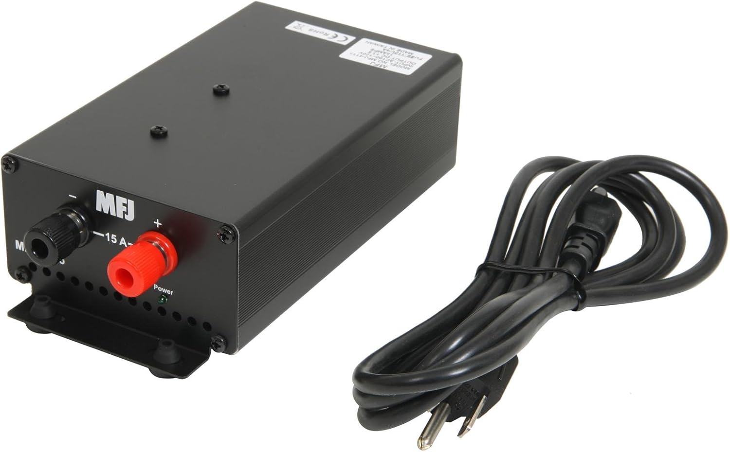 Przód view of the MFJ-4115 power supply with red and black binding posts and a power cord.