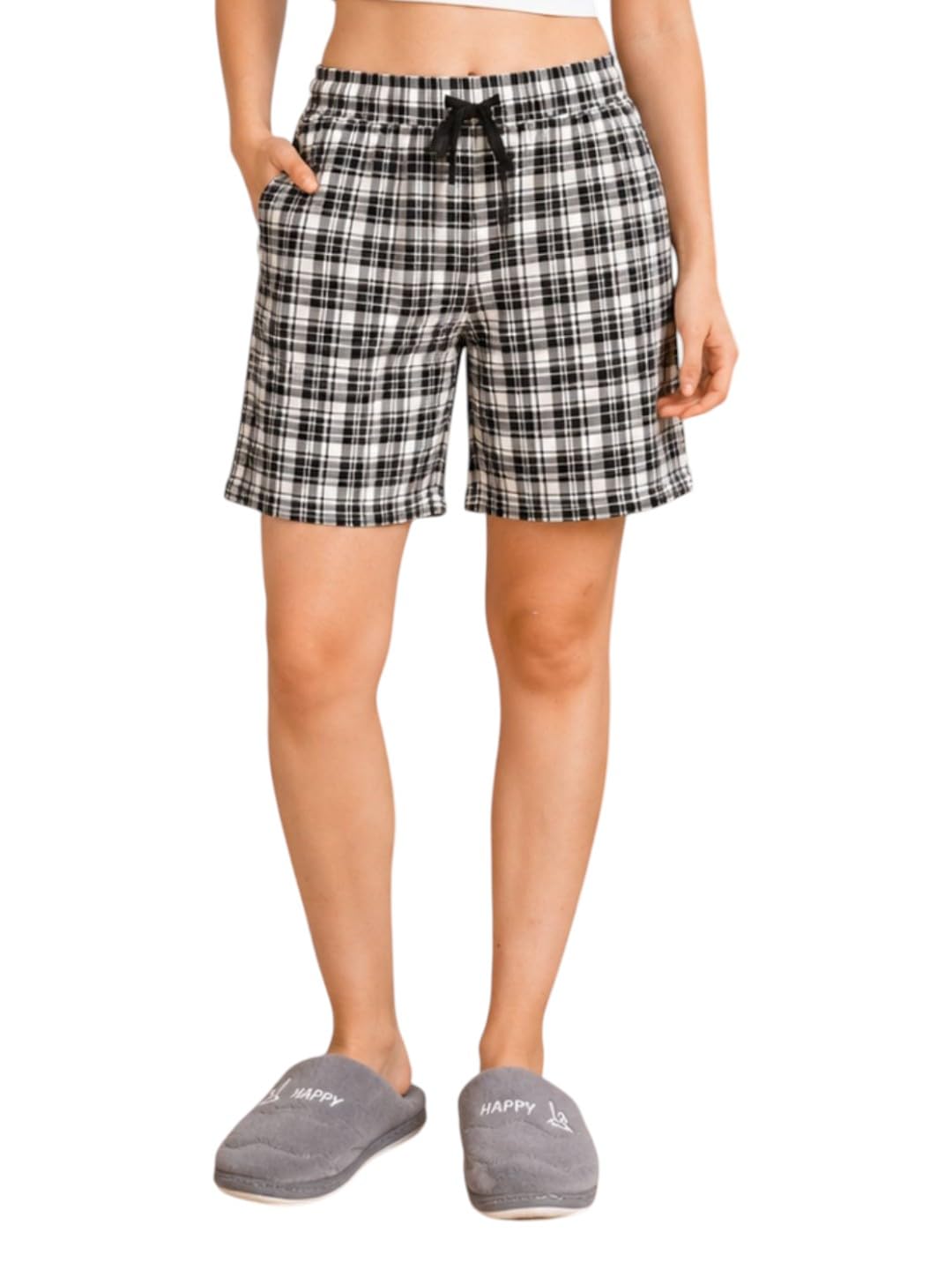 Womens 100% Cotton Checked Lounge Shorts Navy Blue-image-20