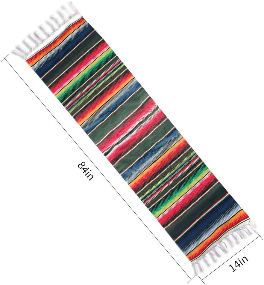 MINILIFE 2 Pack 14 by 84 Inch Mexican Table Runner 14 x 84 inch Mexican Party Wedding Decorations, Fringe Cotton Serape Blanket Table Runner (Green