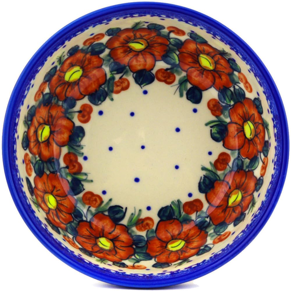 Authentic Polish Pottery Bowl 7-inch Signature UNIKAT in Autumn Pansies Design Handmade in Boles?awiec Poland by Ceramika Bona + Certificate of Authenticity