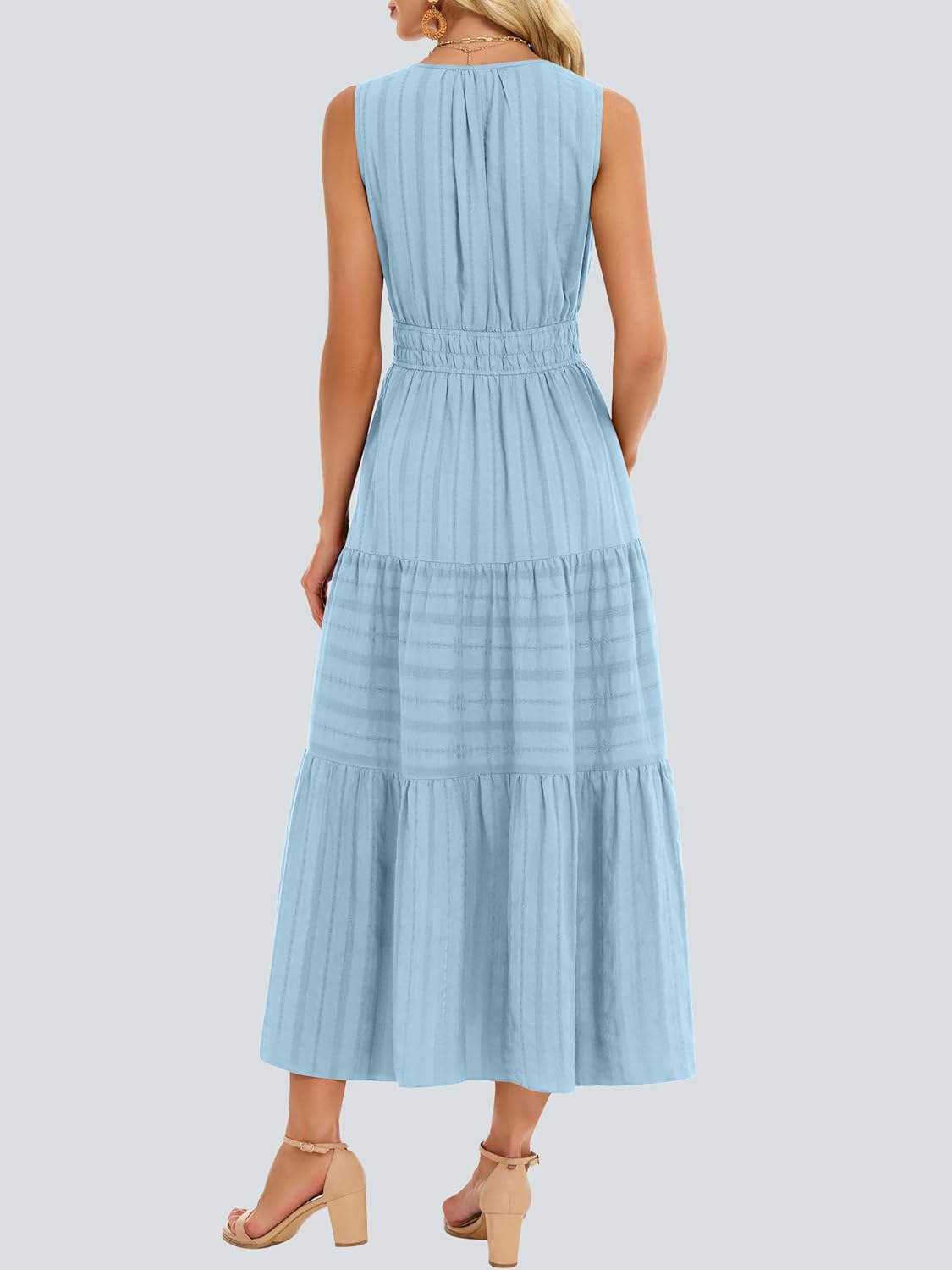 Funlingo Summer Maxi Dresses for Women Casual Sleeveless V Neck Elastic Waist Midi Wedding Guest Beach Dress with Pockets - Image 4