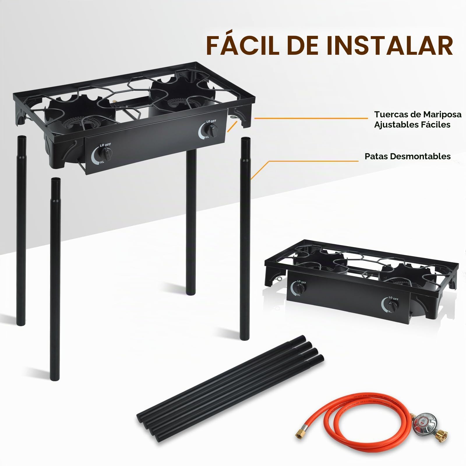 BACOENG Hornillo de Gas con 2 quemadores con patas desmontables, Hornillo Camping Gas Portatil con 1.5M Manguera y Regulador Presión 50 mbar