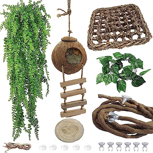 Image of 6PCS Crested Gecko Coconut Hut, Lizard Coco Den with Ladder and Reptile Hammock Bearded Dragon Tank Accessories Climbing Hanging Plants Jungle Vine Flexible Reptile Leaves Decor