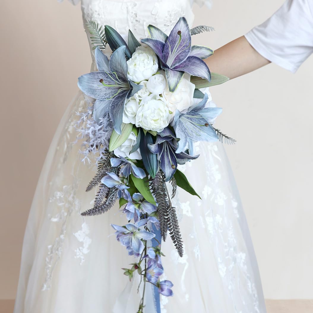 Hochzeit Sträuße, Wasser Tropfen Wasserfall Braut künstliche Blumen Braut Rosen Strauß für Zeremonie Jahrestag Braut Dusche Party Hochzeit Dekoration Sträuße (Blau Violett)