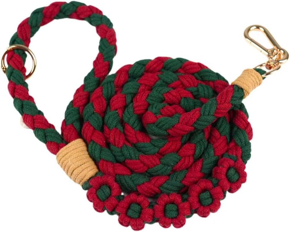 Handmade 5ft Braided Cotton Dog Leash with Unique Floral Handle, Durable and Stylish, Ideal for Small to Large Dogs, Blue & Yellow Twist (Yuletide Petals)