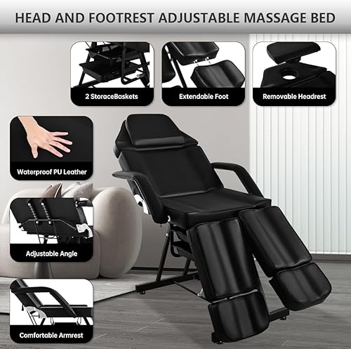 Miniatura 5 de Silla de tatuaje, silla facial con taburete hidráulico, cama facial ajustable para cliente con patas divididas para spa de belleza, color negro