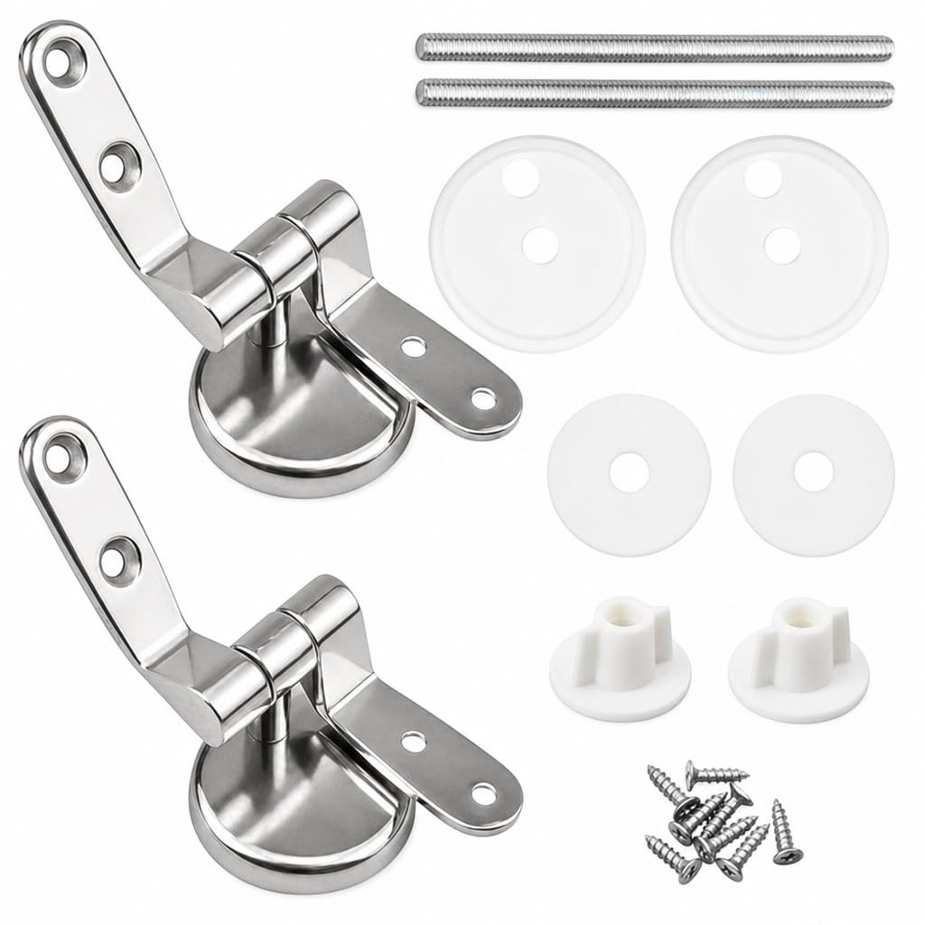 Cerniere Copriwater Universali Acciaio Inox HM con Viti e Guarnizioni, Kit Fissaggio Sedile WC Rotondo MDF Legno Resina, Ricambio Tavoletta WC