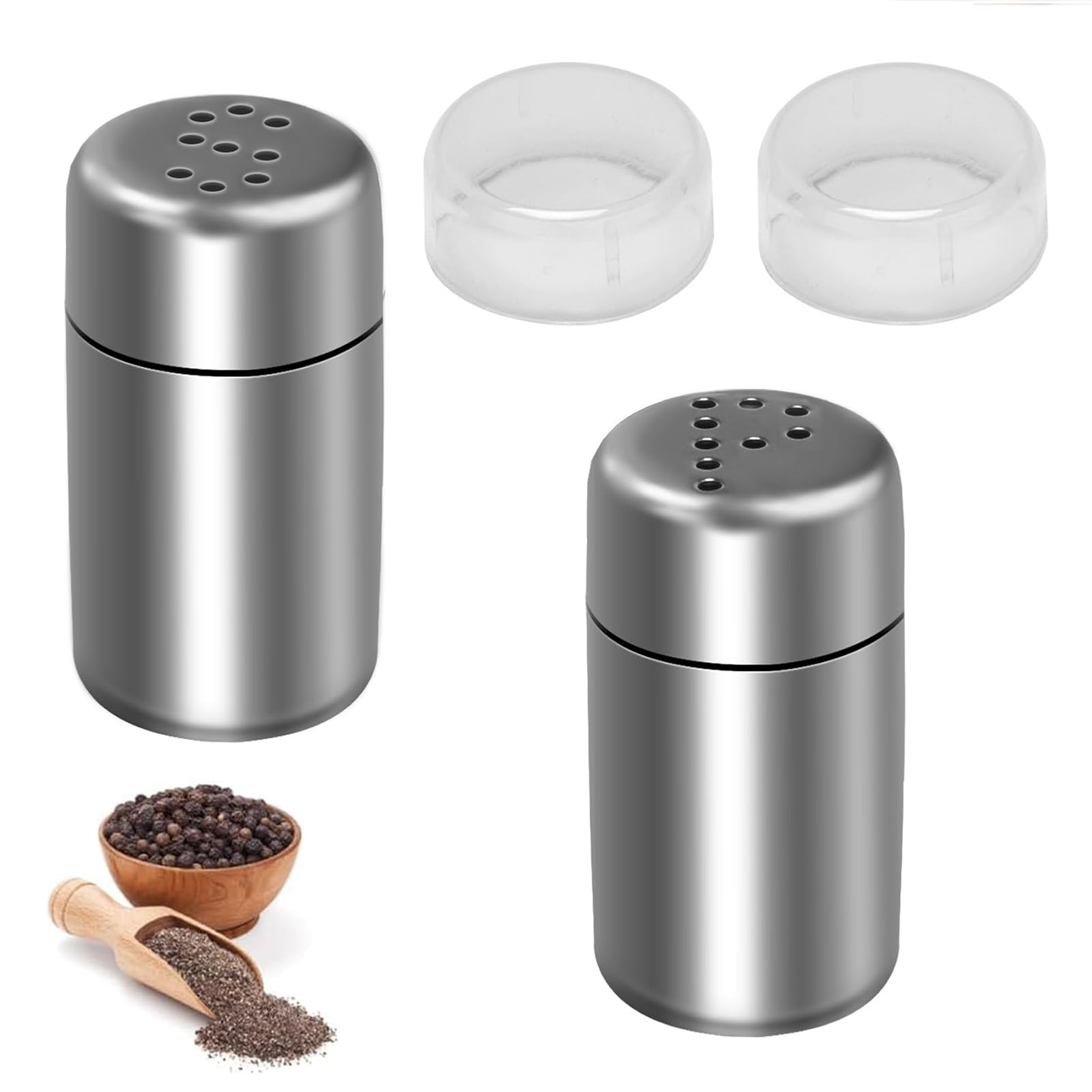 Funngy Mini Salt and Pepper Sets,2 PCS Stainless Steel Salt and Pepper Shakers Set Mini Portable Spice Jars with Clear Lid Travel Cruet Set for Home Kitchen Camping Restaurant Use