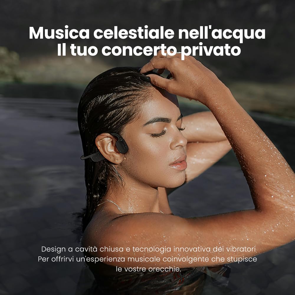 Cuffie a Conduzione Ossea IP68 Impermeabili per Nuoto | Cuffie open-ear, MP3 32GB integrato, BT5.3, IP68, 8h di autonomia, solo 32g per sport