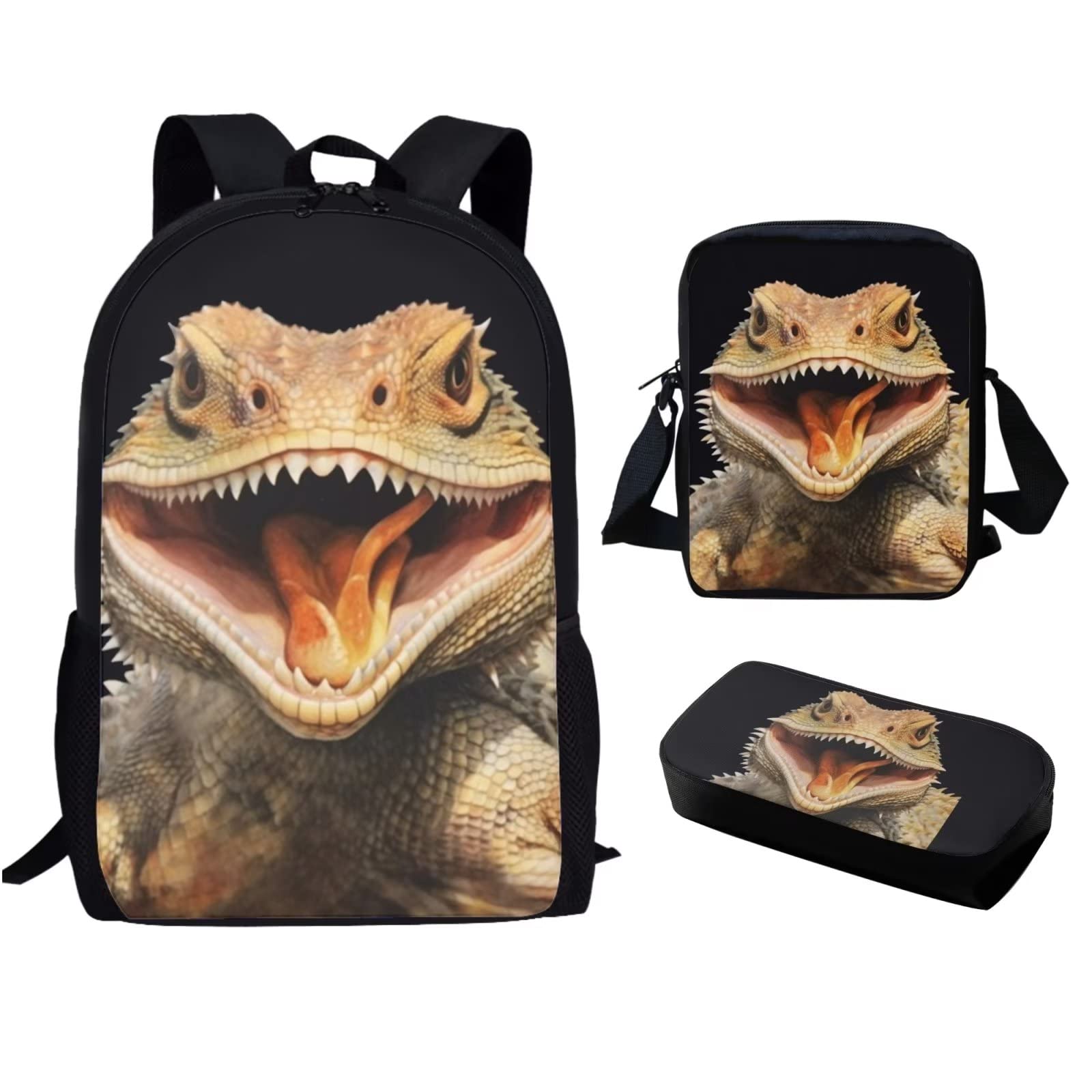 Xpyiqun 3 pcs School Bag Set Lizards Backpack Purse for Elementary School Boys Bookbag Middle High Schoolbag Bookbag with Crossbody Bag Pencil Case Junior Students Knapsack for Daycare