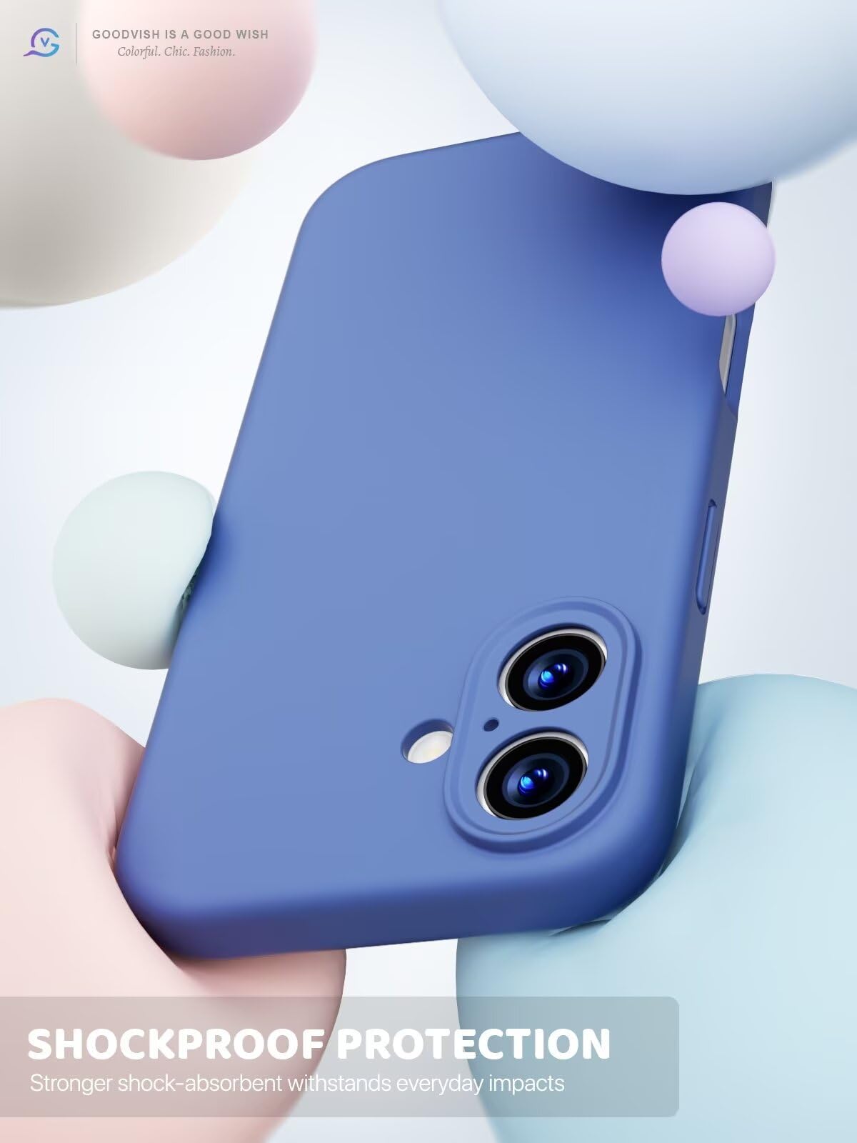 GOODVISH 3 in 1 Silicone Cover per iPhone 16 6.1", Custodia con 2 Pellicola Vetro Temperato [Protezione Fotocamera] 360° Protezione Anticaduta Case per Cellulare Antiurto Resistente, Blu