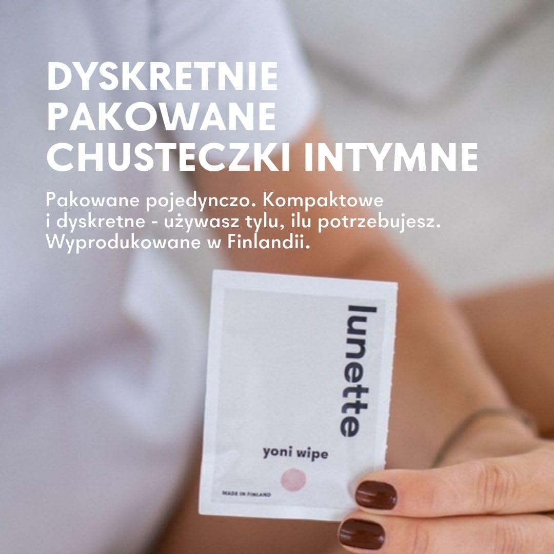 Lunette Yoni Wipes - Chusteczki Intymne – pH‑Zrównoważone – dla Skóry Wrażliwej – Bezzapachowe – Wegańskie i Kompostowalne – Pakowane Pojedynczo – Wyprodukowane w Finlandii (20 szt.)