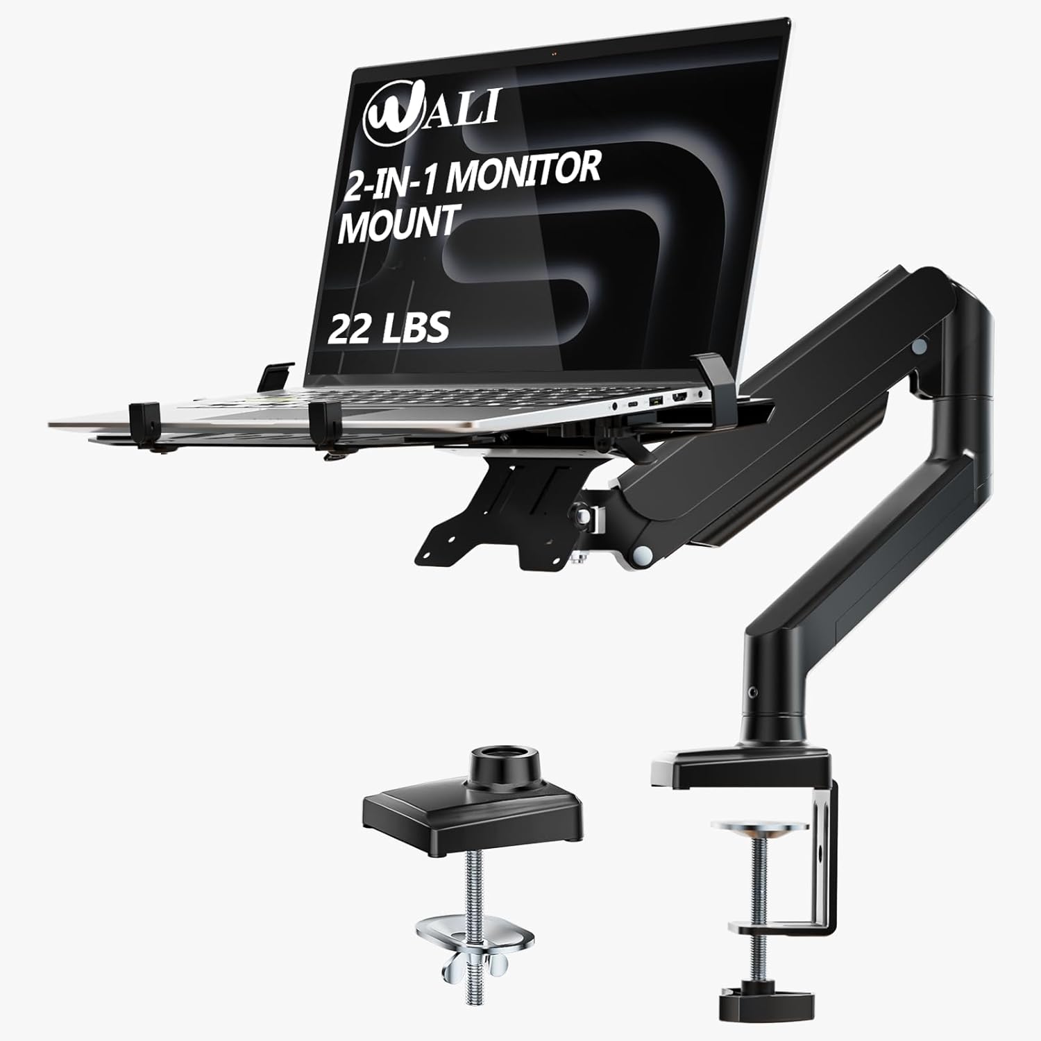 WALI GSMP001LPN 2-in-1 Laptop & Monitor Desk Mount - Fits 17" Laptops & 34" Screens, Gas Spring Arm, Adjustable Height & Full Motion, Black