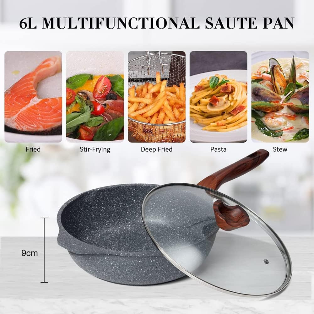 RIOVARM 30cm Sartén honda con tapa, Inducción Antiadherente Sartenes para freír, Granito Sartenes para huevos sin PFOA, Mármol Sartén para Tortilla con mango de baquelita Woodgrain, Apta para Gas