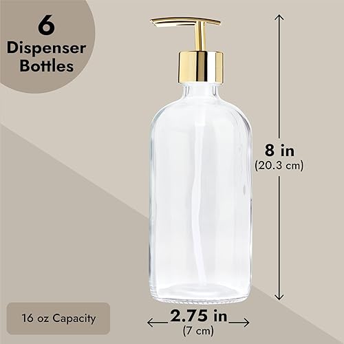 Miniatura 3 de Juvale Juego de dispensador de jabón de vidrio recargable, botellas transparentes de 16 onzas con bombas doradas, paquete de 6, dispensadores de