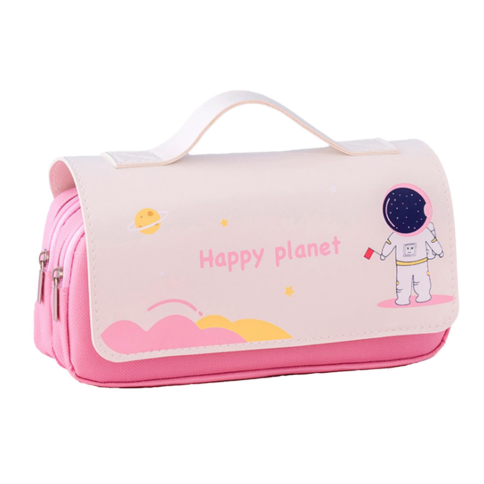 Colorful Large Storage Pencil Case Happy Planet Astronaut Cartoon Zipper Pencil Bag for Office College Travel Organizer Pink