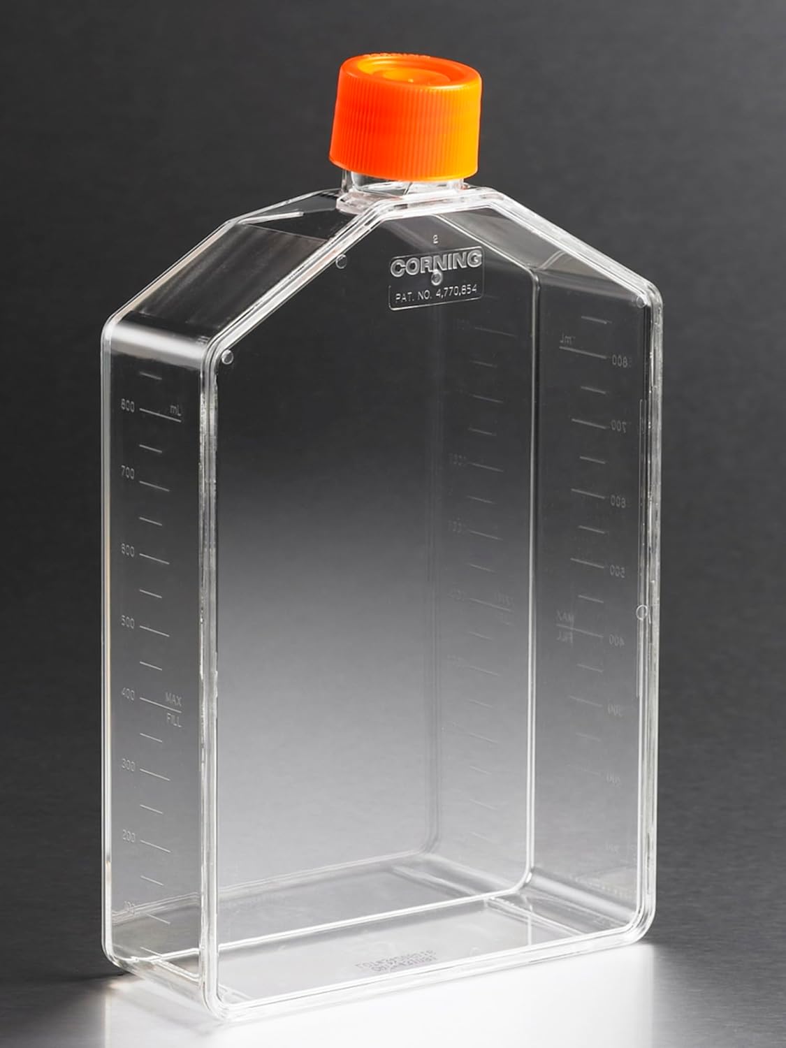 Corning 431081 Sterile Cell Culture Flask, Angled Neck, 225 cm² Growth Area, Rectangular, Plug Seal Cap Type, 370 mL Working Volume, Orange