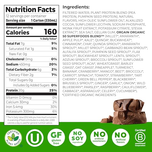 Image of Orgain Vegan Protein Shake,Creamy Chocolate-20g Plant Protein, Ready to Drink,50 Superfoods, 0g Sugar, Gluten Free, No Artificial Sweeteners, No Soy or Dairy Ingredients, 11 Fl Oz (Pack of 12),Bottle
