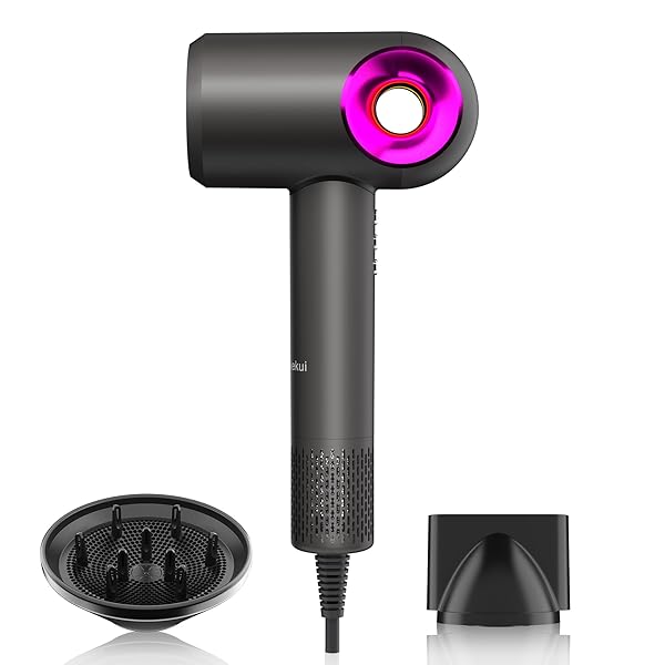 Hair Dryer, High-Speed Ionic Low Noise Blow Dryer with Diffuser for Fast Drying, Professional 504 Millions Negative Ionic Thermo-Control Hairdryer, Travel with Magnetic Diffuser & Nozzle