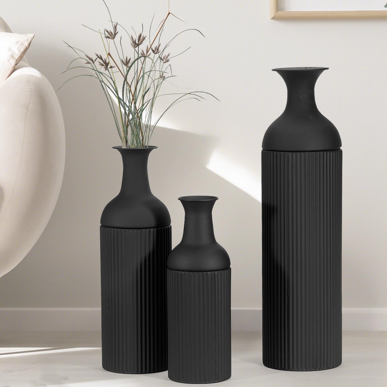 BANOMII Large Metal Floor Vases Set of 3, 27'' 20'' 16'', Black Tall Flower Vase for Pampas Grass, Decorative Big Vases for Hallway Corner, Floor Decor for Living Room : Home