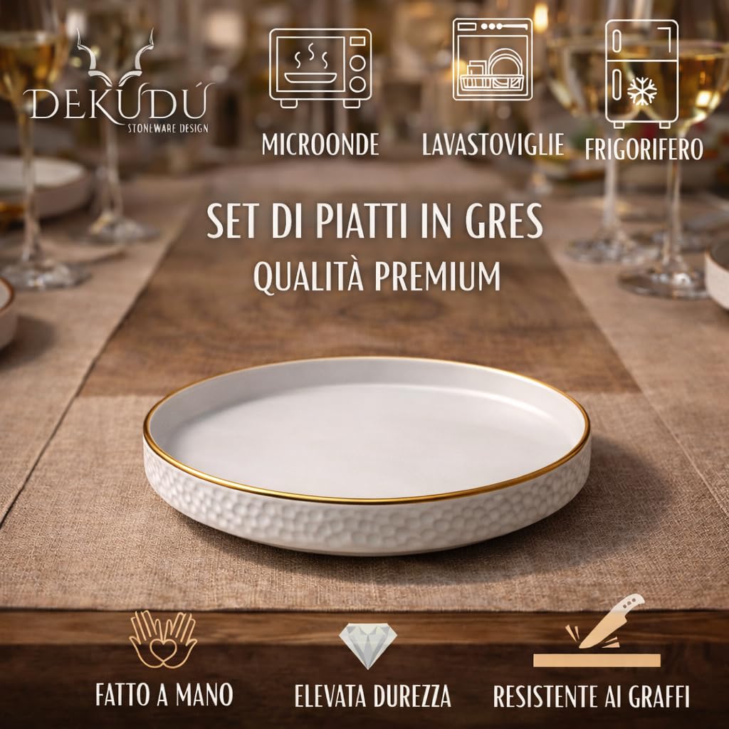 Set Piatti Moderni Piatti Piani Ceramica Gres di Qualità - Realizzata a mano - 6 pezzi ∅ 20 cm - Elevata durezza - Lavabile in lavastoviglie e Adatto microonde - Stile moderno - Bianco