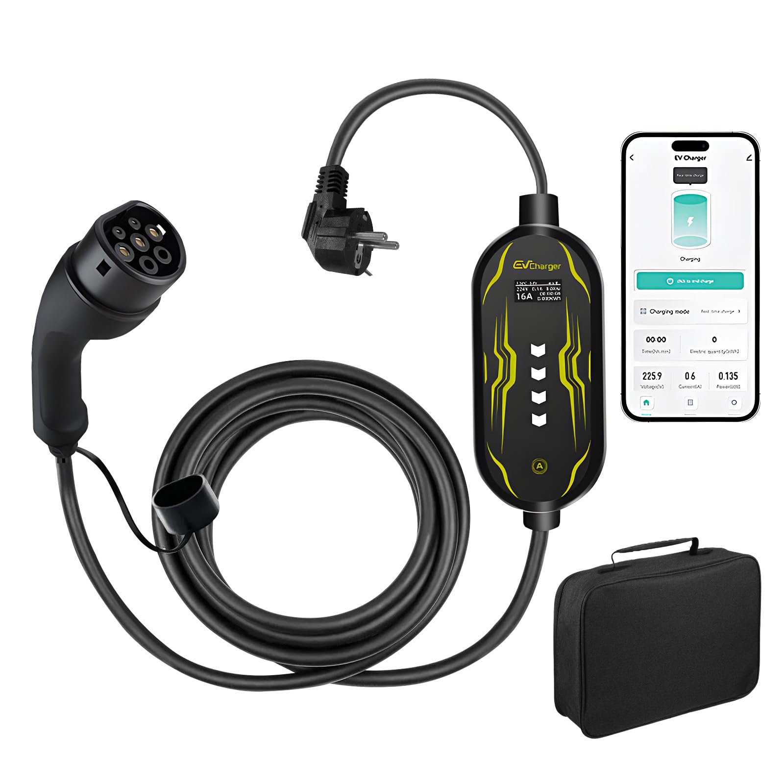 AWESAFEType 2 Schuko EV Charger 16A 3.7KW 1 Phase IP67 EU Standard 5 Metre Portable EV Charging Cable with LED Digital Display Mobile Wallbox for Electric Car & Hybrid