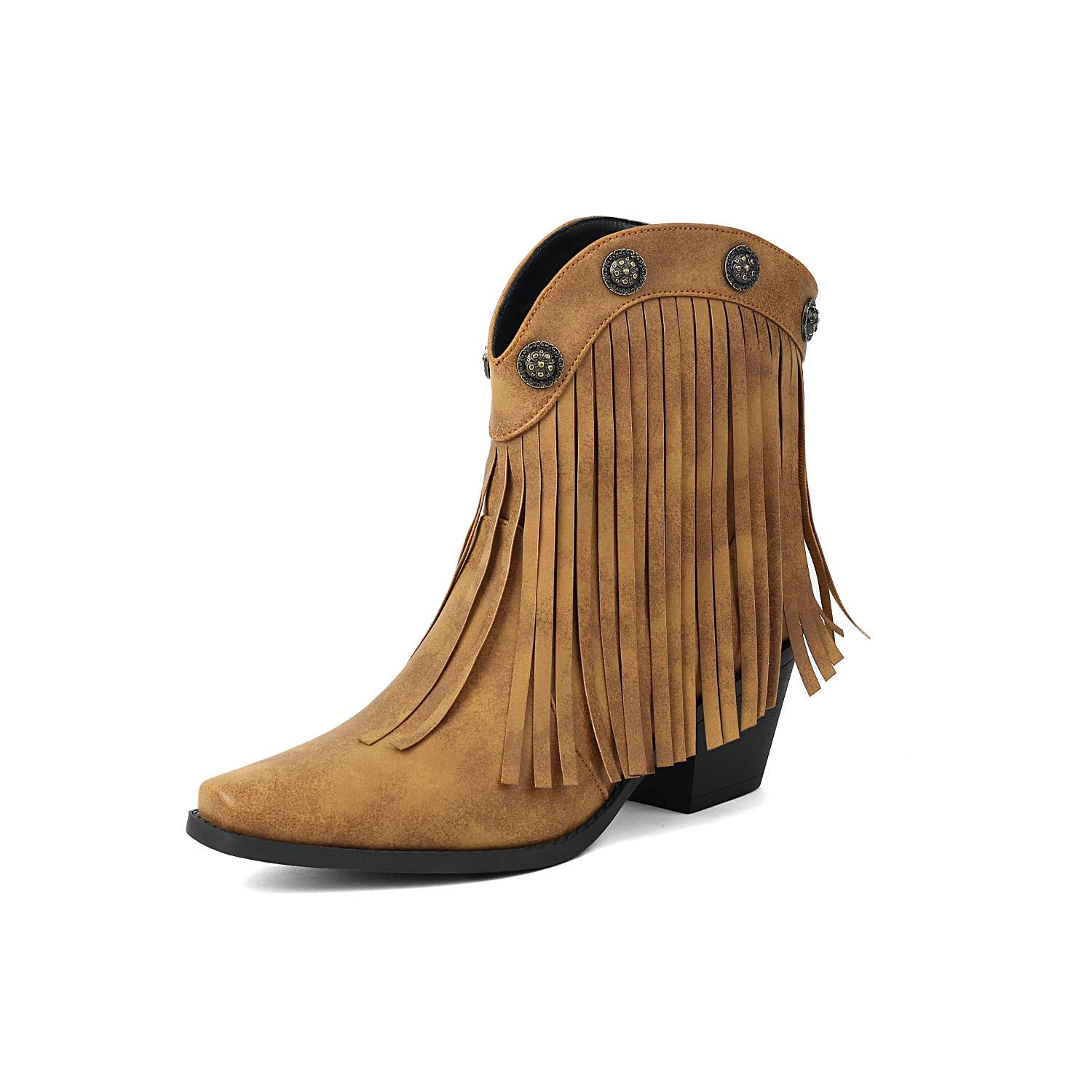 Fringe Studded Cowboy Boots for Women Retro Western Short Cowgirl Boots with Pointed Toe Block Heel Stylish Tassel