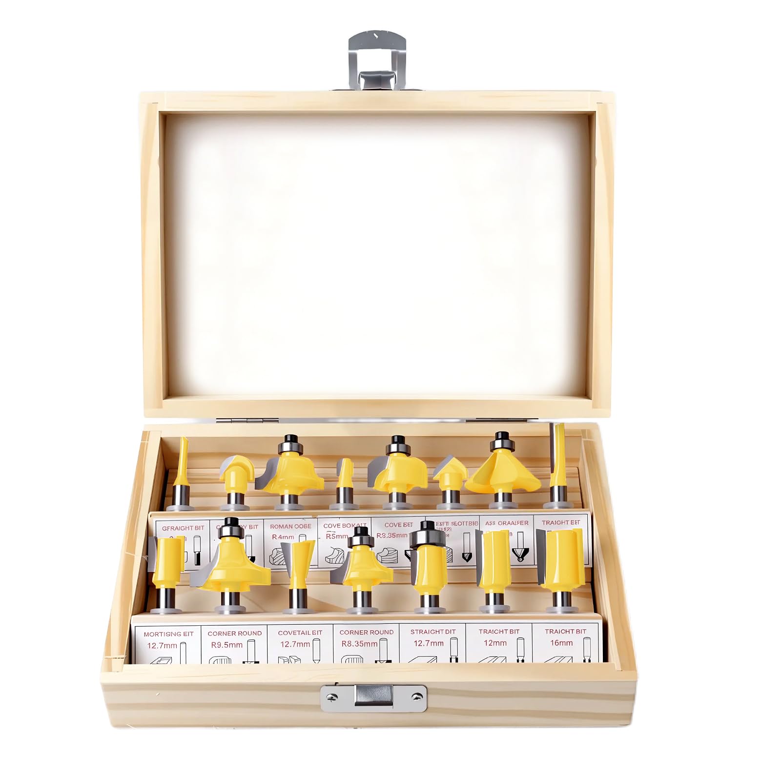 Fresas Set, 15 Pcs fresas de carburo de tungsteno, juego de fresas para biselar con mango de 6.35mm para fresado en madera, ranurado en V, recorte al ras y biselado TS/XD-02