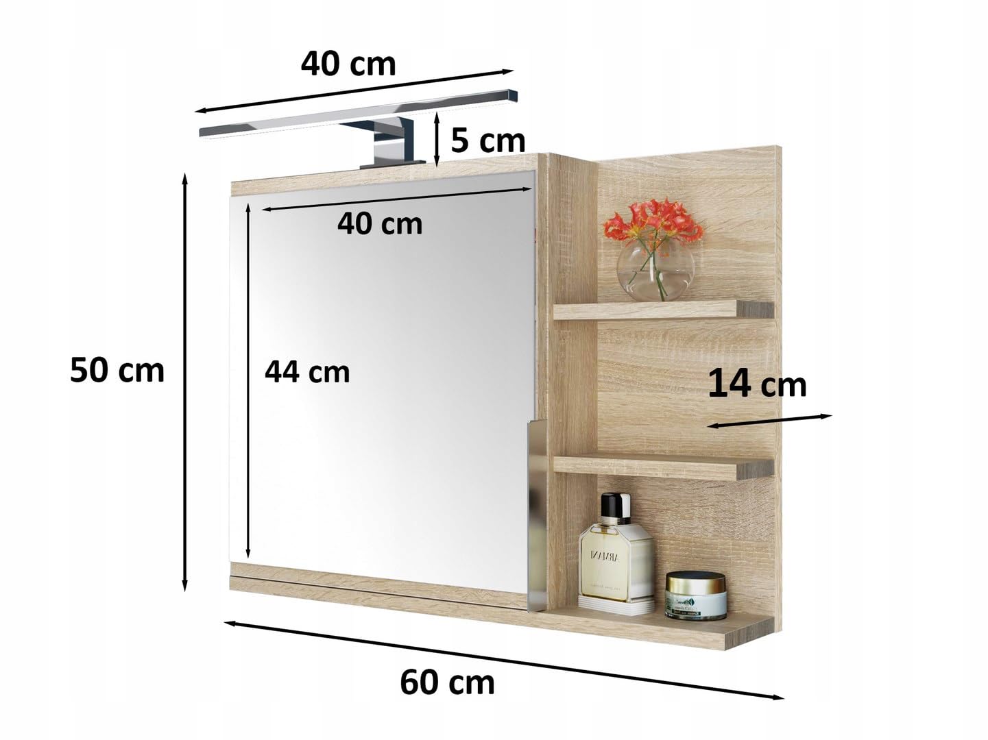 Spiegelschrank 60x50 Sonoma Eiche, Badezimmerschrank mit Ablagen, Badezimmerspiegel, Hängeschrank LED Lampe - Recht