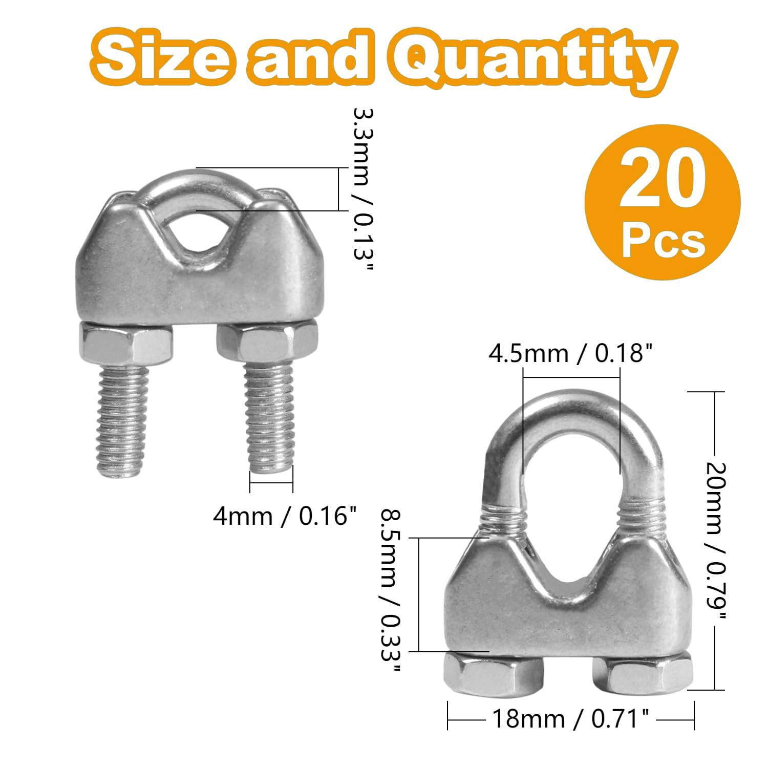 Yinpecly 20 Pack 1/8 Inches M3 Stainless Steel Wire Rope Cable Clip Clamp, U Bolt Saddle Fastener - Image 2