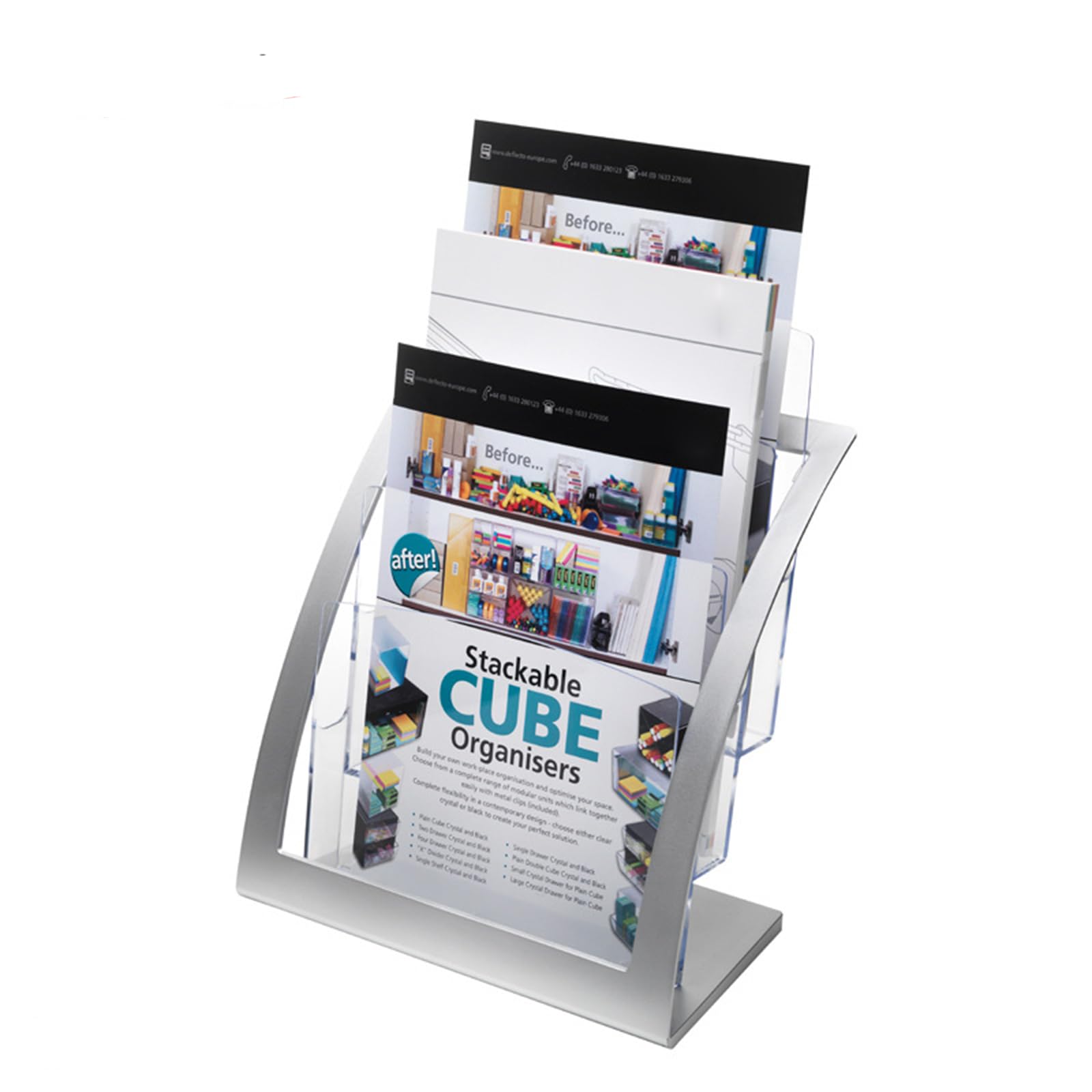 Porte-brochures en Acrylique,Porte-revues Transparent à 3 Niveaux sur Pied,présentoir à brochures,Organisateur de journaux avec 3 Poches pour comptoir (A4),argenté