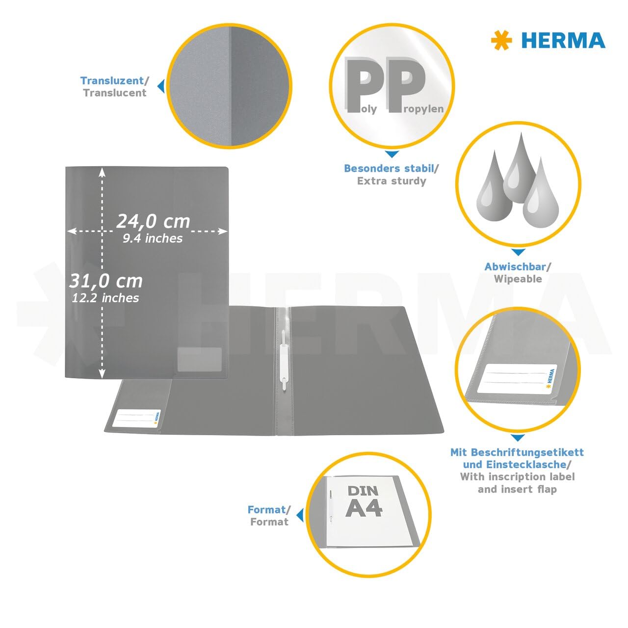 HERMA Schnellhefter A4 Transluzent Set, 45 Stück, Sichthefter aus Kunststoff mit Beschriftungsetikett, Einstecktasche & Metallheftzunge, Plastik Schnellhefter Sortiment für Schule & Büro
