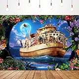 Glawry Noahs Ark Birthday Backdrop for Photography 7Wx5H Feet Safari Animal Baby Shower Moon Starry Night Sky Jungle Tropical Leaves Flower Party Decorations Photoshoot Background Photo Booth Studio