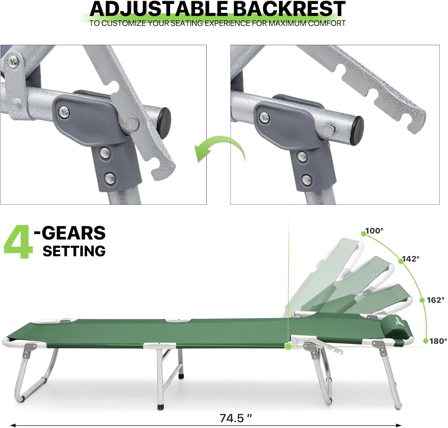 Magshion 75" Camping Cot for Adults, 4 Adjustable Backrest Ultralight Folding Cot for Sleeping, Portable Sleeping Bed with Detachable Pillow for Travel Home Office Picnic, Supports 300 lbs, Green