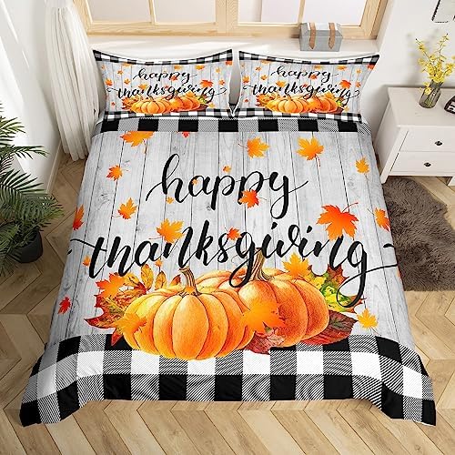 Pumpkin Maple Leaves Comforter Cover King, Happy Thanksgiving Bedding Set for Kids Boys Girls 0 Duvet Cover Pumpkin Fall Bedspread Cover Rustic Farmhouse Plaid Room Decor Breathable Bedclothes