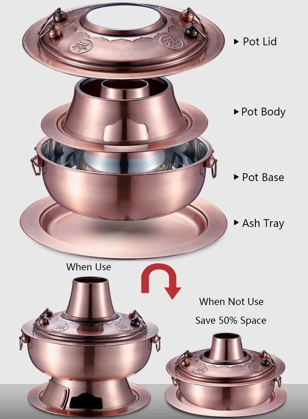 SAeWare Pentola calda cinese in rame, pentola calda in acciaio inox, pentola tradizionale cinese con camino per casa, feste, ristorante, argento, 32 cm