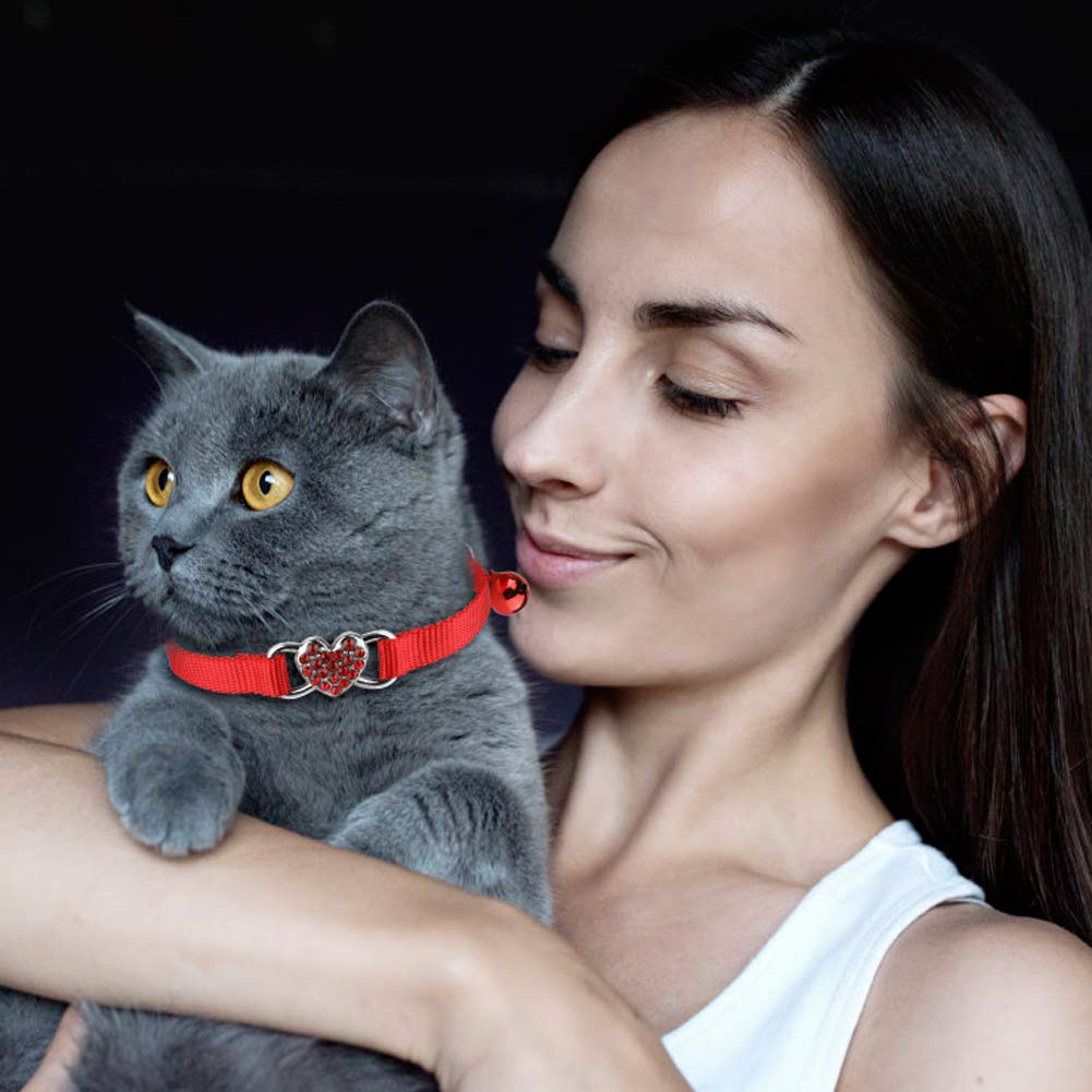 Mtliepte Katzenhalsband, Herz-Design, glitzernd, mit Glöckchen, verstellbar, für Kätzchen, Rot + Violett, 2 Stück