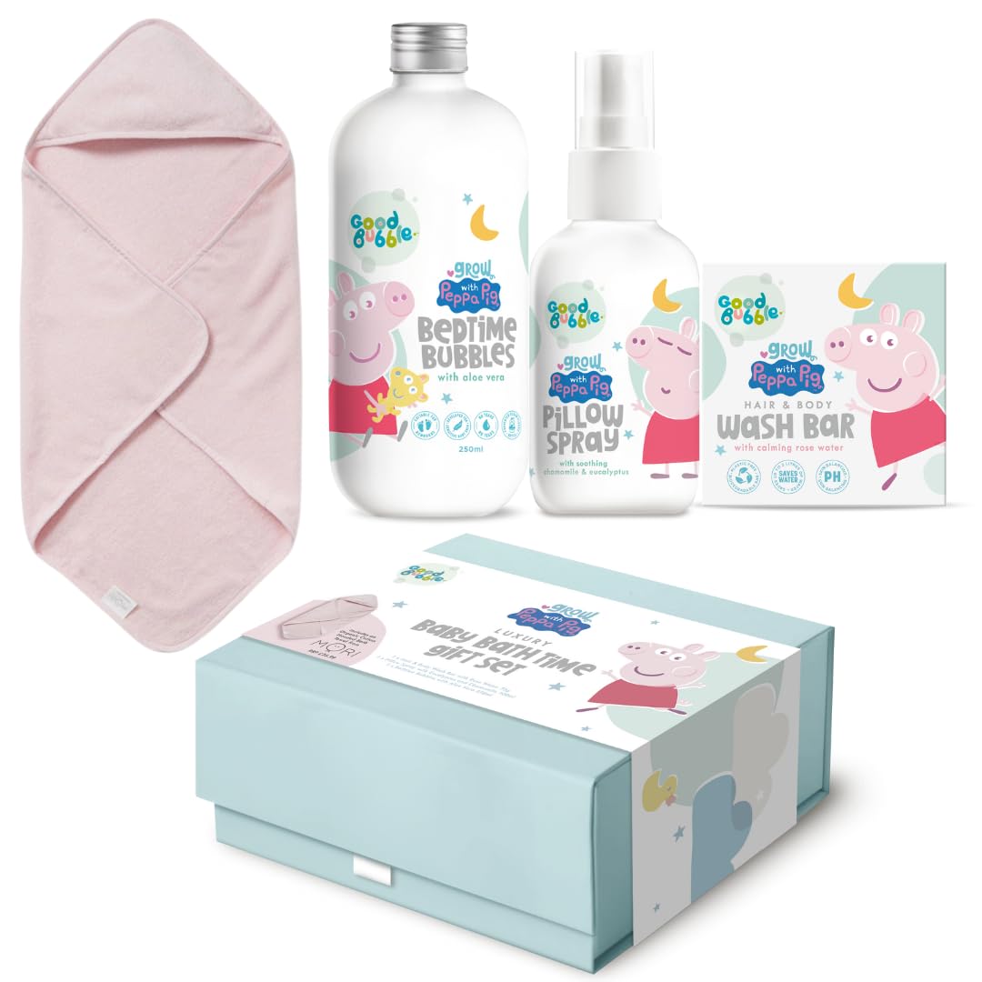 Good Bubble Peppa Pig Baby Bath Gift Set - Bedtime Bubbles 250ml, Pillow Spray 60ml, Hair & Body Wash Bar 80g & Hooded Towel - Gentle Aloe Vera Skincare for Babies & Toddlers