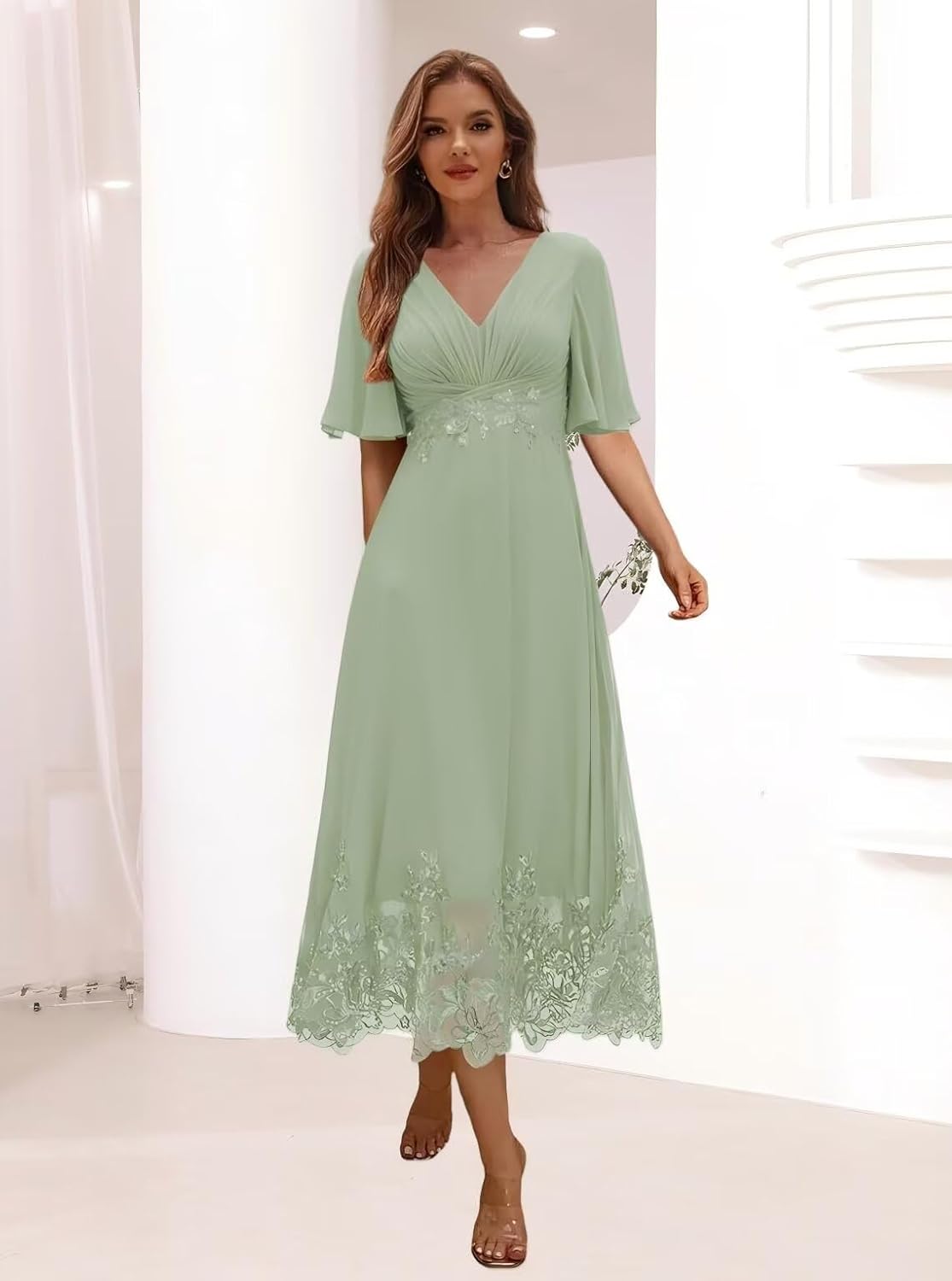 Women's Short Sleeves Mother of The Bride Dresses V Neck Chiffon Formal Evening Party Dress ZU103