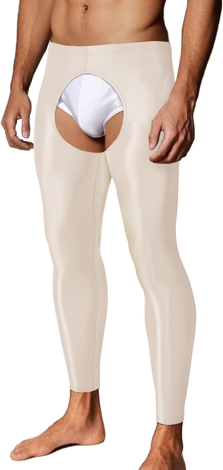 JINSHI Men’s Open Front Thermal Underwear Bottoms Male Glossy Slim Fit Long Johns Tights Compression Pants S-2XL